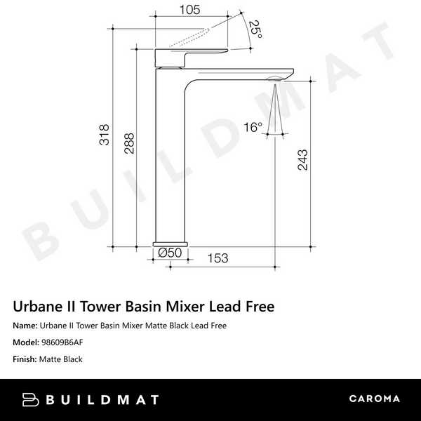 Caroma Urbane II Tower Basin Mixer Matte Black Lead Free