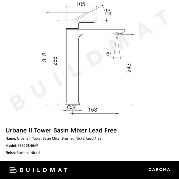 Caroma Urbane II Tower Basin Mixer Brushed Nickel Lead Free