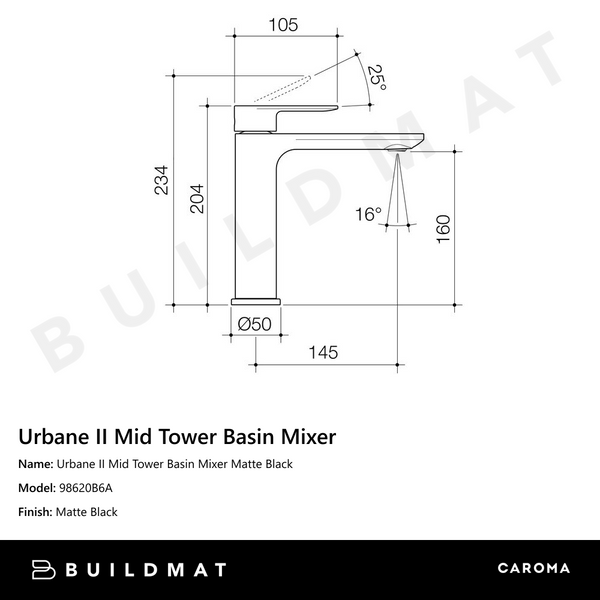 Caroma Urbane II Mid Tower Basin Mixer Matte Black