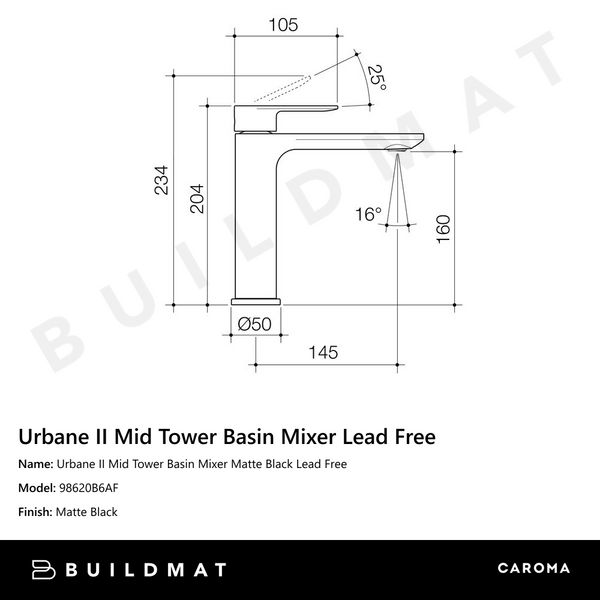 Caroma Urbane II Mid Tower Basin Mixer Matte Black Lead Free