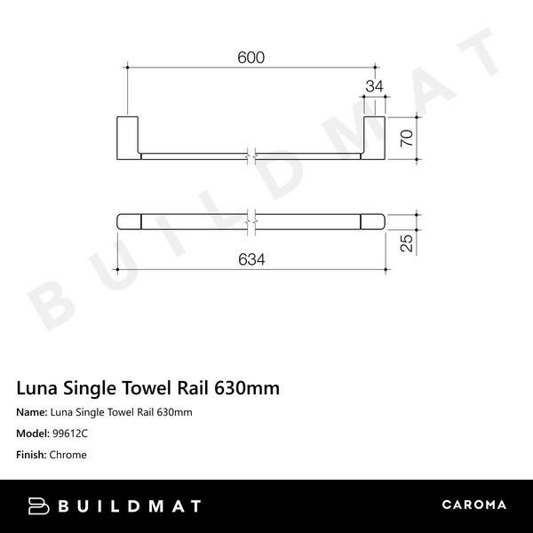 Caroma Luna Single Towel Rail 630mm