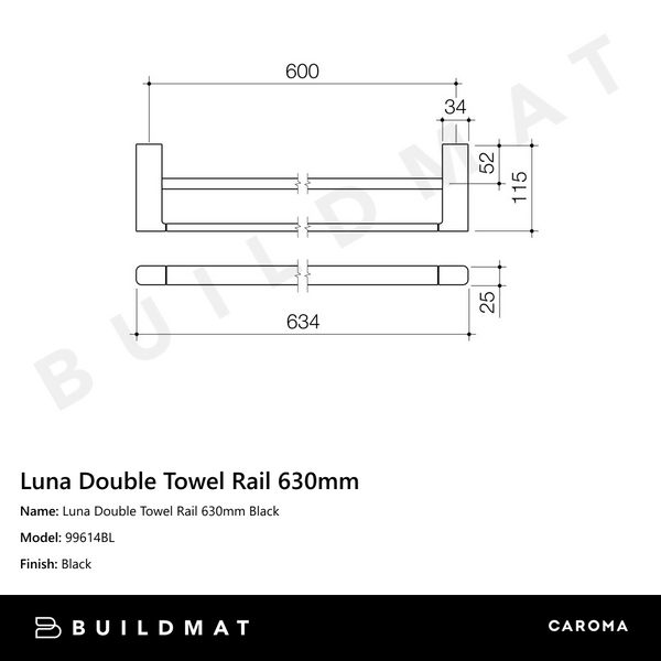 Caroma Luna Double Towel Rail 630mm Black
