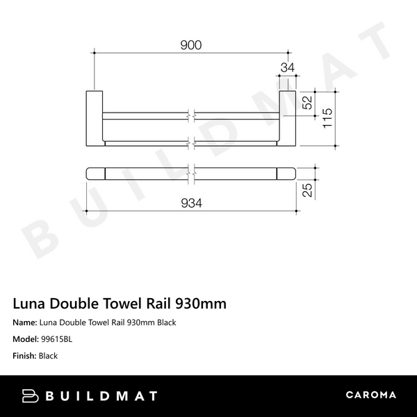 Caroma Luna Double Towel Rail 930mm Black