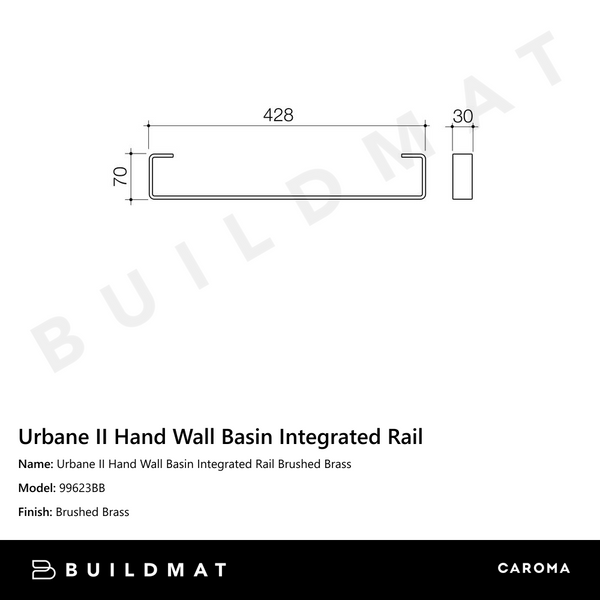 Caroma Urbane II Hand Wall Basin Integrated Rail Brushed Brass