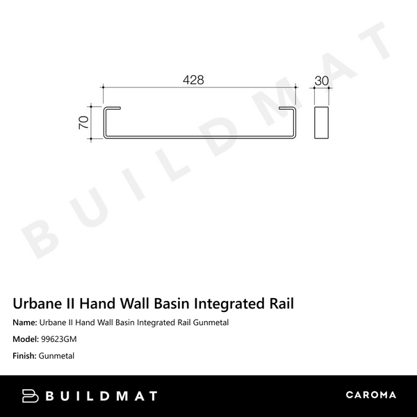 Caroma Urbane II Hand Wall Basin Integrated Rail Gunmetal