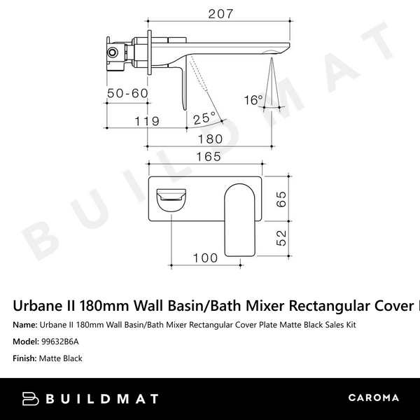 Caroma Urbane II 180mm Wall Basin/Bath Mixer Rectangular Cover Plate Matte Black Sales Kit