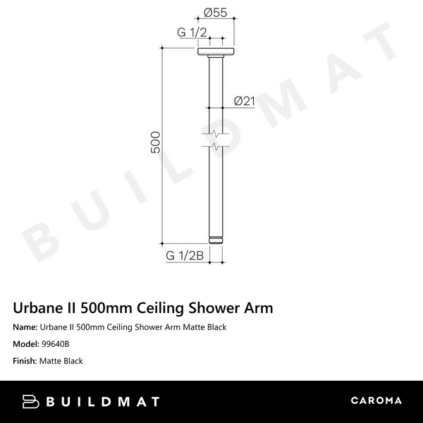 Caroma Urbane II 500mm Ceiling Shower Arm Matte Black