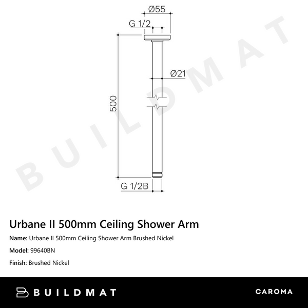 Caroma Urbane II 500mm Ceiling Shower Arm Brushed Nickel