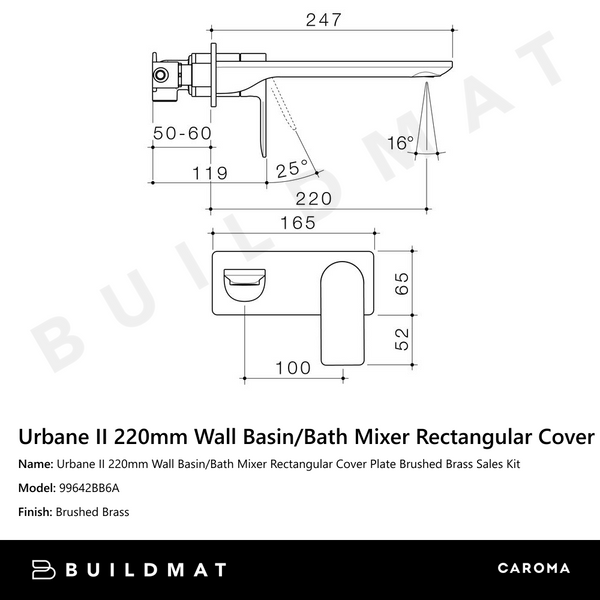 Caroma Urbane II 220mm Wall Basin/Bath Mixer Rectangular Cover Plate Brushed Brass Sales Kit