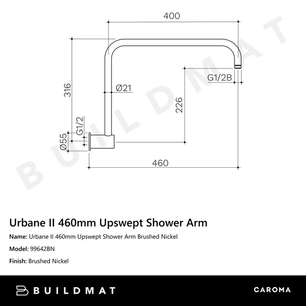 Caroma Urbane II 460mm Upswept Shower Arm Brushed Nickel