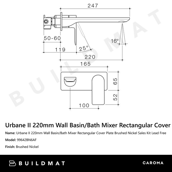 Caroma Urbane II 220mm Wall Basin/Bath Mixer Rectangular Cover Plate Brushed Nickel Sales Kit Lead Free