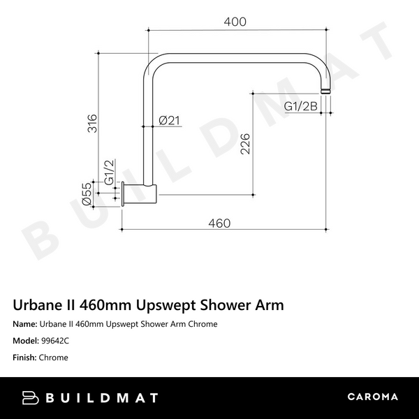 Caroma Urbane II 460mm Upswept Shower Arm Chrome