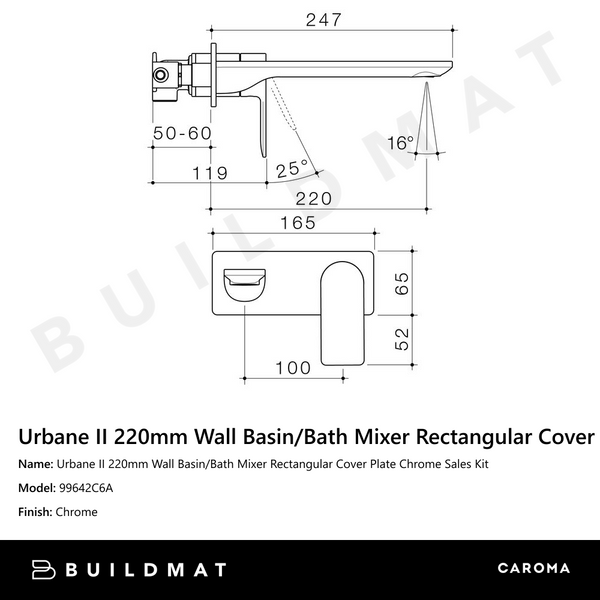 Caroma Urbane II 220mm Wall Basin/Bath Mixer Rectangular Cover Plate Chrome Sales Kit