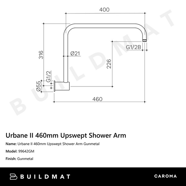 Caroma Urbane II 460mm Upswept Shower Arm Gunmetal