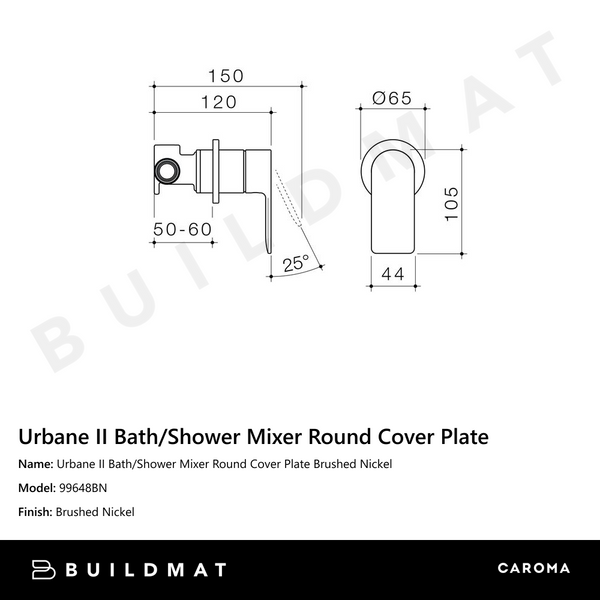 Caroma Urbane II Bath/Shower Mixer Round Cover Plate Brushed Nickel