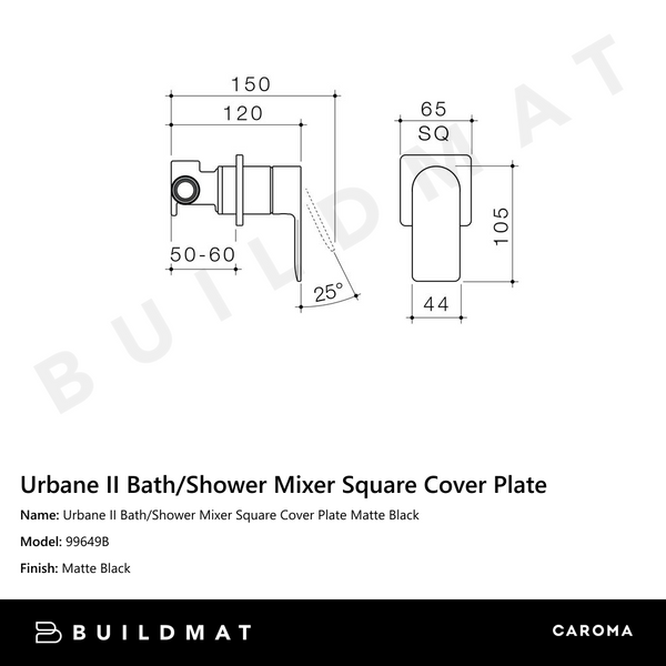 Caroma Urbane II Bath/Shower Mixer Square Cover Plate Matte Black