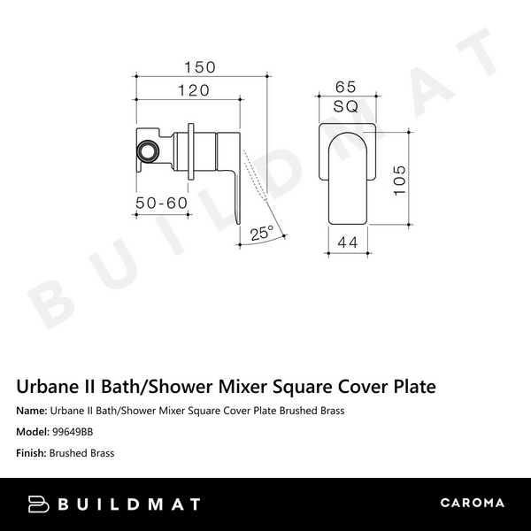 Caroma Urbane II Bath/Shower Mixer Square Cover Plate Brushed Brass