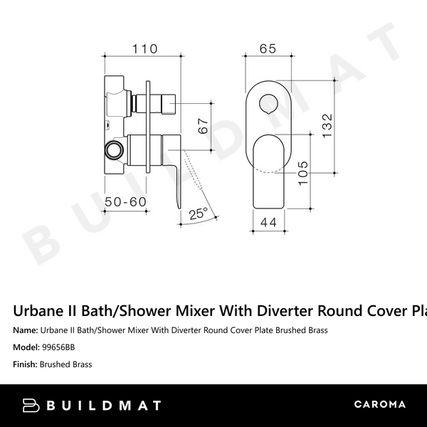 Caroma Urbane II Bath/Shower Mixer With Diverter Round Cover Plate Brushed Brass