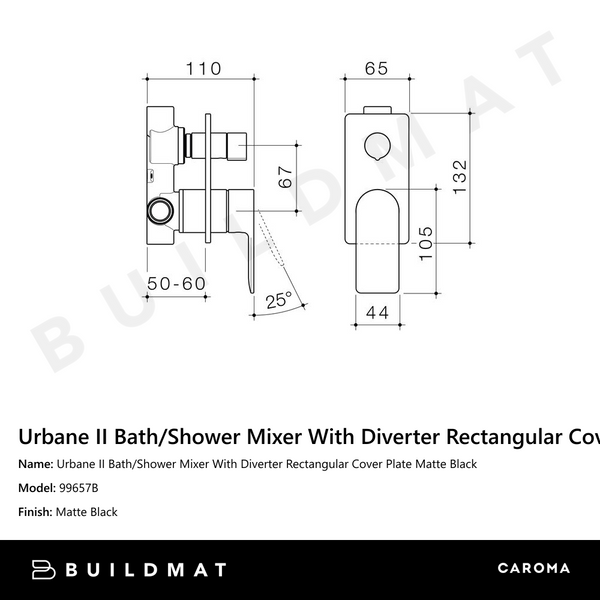 Caroma Urbane II Bath/Shower Mixer With Diverter Rectangular Cover Plate Matte Black