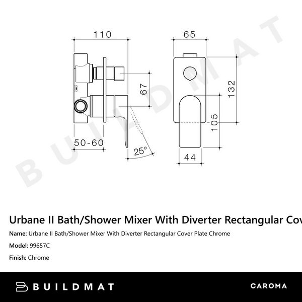 Caroma Urbane II Bath/Shower Mixer With Diverter Rectangular Cover Plate Chrome
