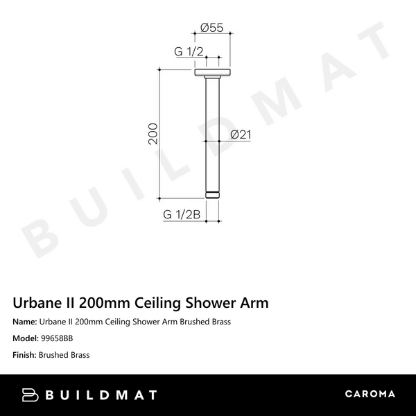 Caroma Urbane II 200mm Ceiling Shower Arm Brushed Brass