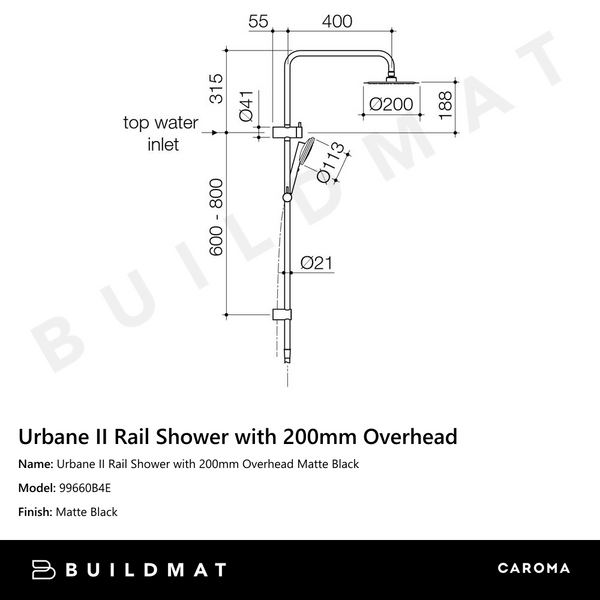 Caroma Urbane II Rail Shower with 200mm Overhead Matte Black