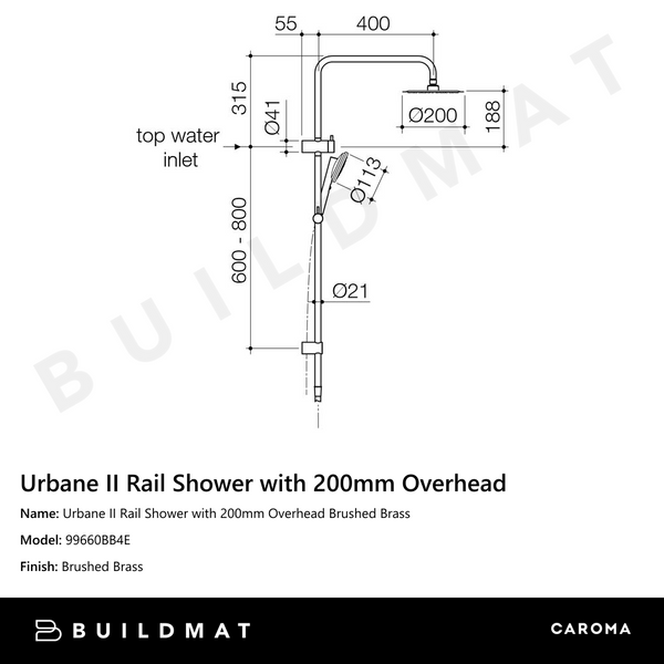 Caroma Urbane II Rail Shower with 200mm Overhead Brushed Brass