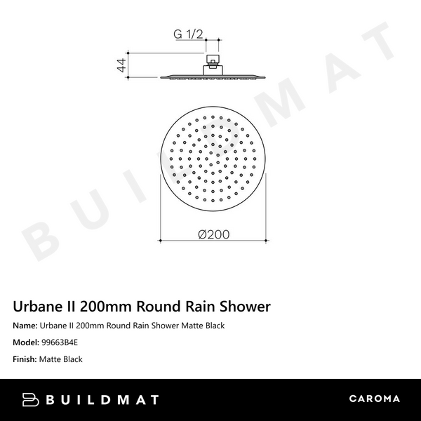 Caroma Urbane II 200mm Round Rain Shower Matte Black
