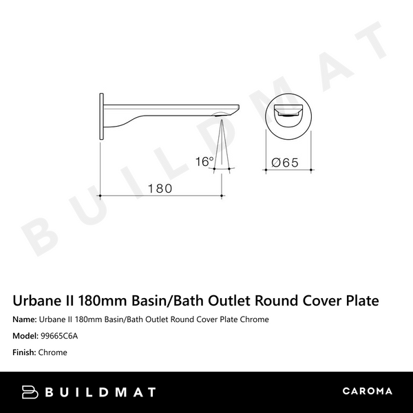 Caroma Urbane II 180mm Basin/Bath Outlet Round Cover Plate Chrome