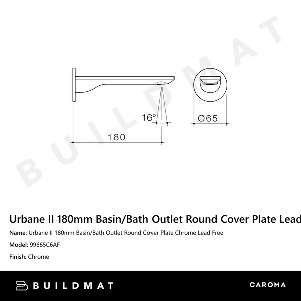 Caroma Urbane II 180mm Basin/Bath Outlet Round Cover Plate Chrome Lead Free