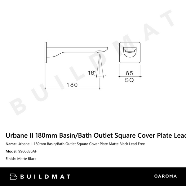 Caroma Urbane II 180mm Basin/Bath Outlet Square Cover Plate Matte Black Lead Free