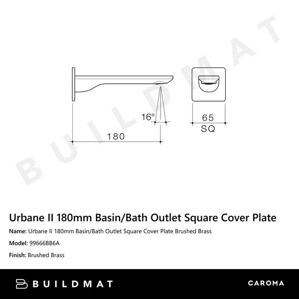 Caroma Urbane II 180mm Basin/Bath Outlet Square Cover Plate Brushed Brass