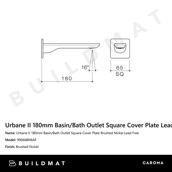 Caroma Urbane II 180mm Basin/Bath Outlet Square Cover Plate Brushed Nickel Lead Free