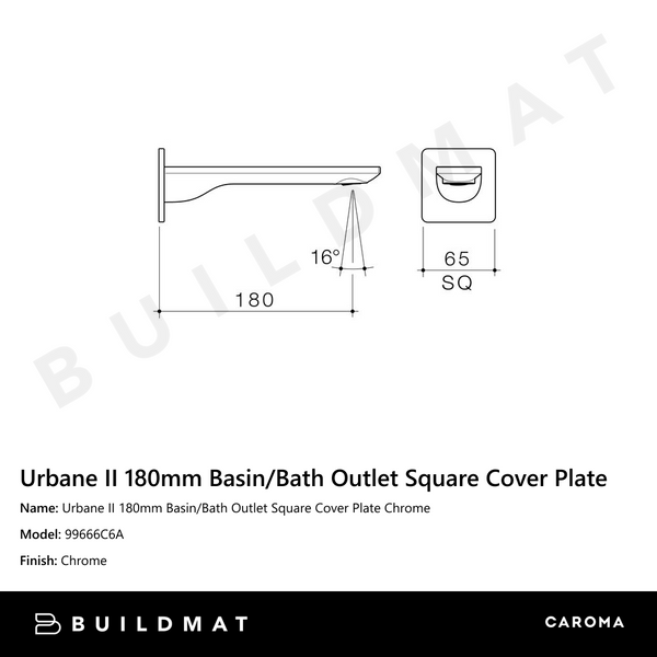 Caroma Urbane II 180mm Basin/Bath Outlet Square Cover Plate Chrome