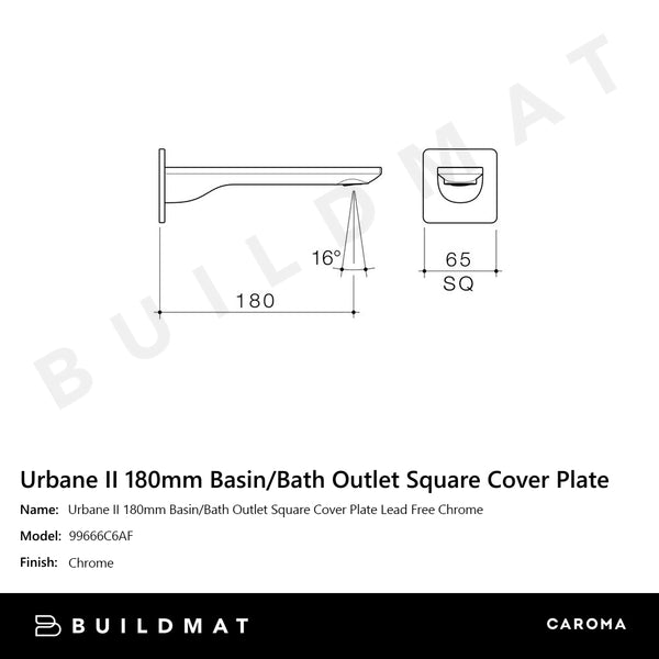 Caroma Urbane II 180mm Basin/Bath Outlet Square Cover Plate Lead Free Chrome