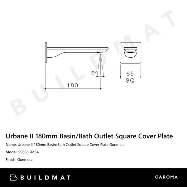 Caroma Urbane II 180mm Basin/Bath Outlet Square Cover Plate Gunmetal