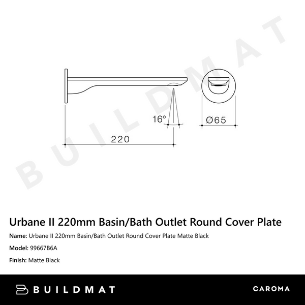 Caroma Urbane II 220mm Basin/Bath Outlet Round Cover Plate Matte Black