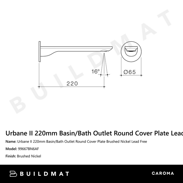 Caroma Urbane II 220mm Basin/Bath Outlet Round Cover Plate Brushed Nickel Lead Free