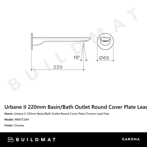 Caroma Urbane II 220mm Basin/Bath Outlet Round Cover Plate Chrome Lead Free