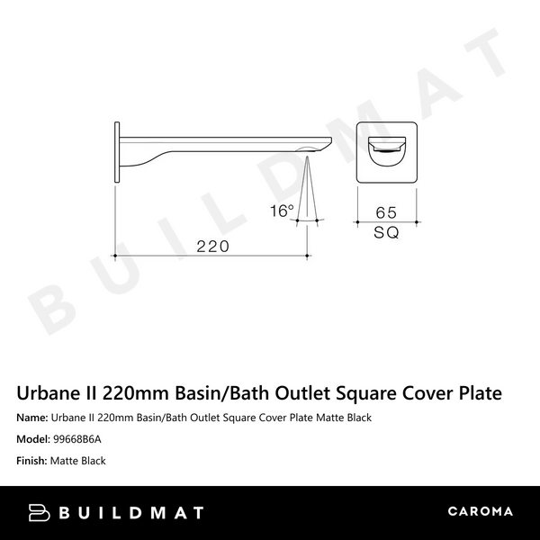 Caroma Urbane II 220mm Basin/Bath Outlet Square Cover Plate Matte Black