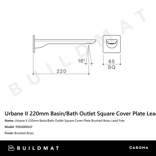 Caroma Urbane II 220mm Basin/Bath Outlet Square Cover Plate Brushed Brass Lead Free