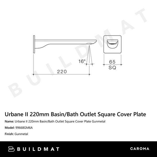 Caroma Urbane II 220mm Basin/Bath Outlet Square Cover Plate Gunmetal