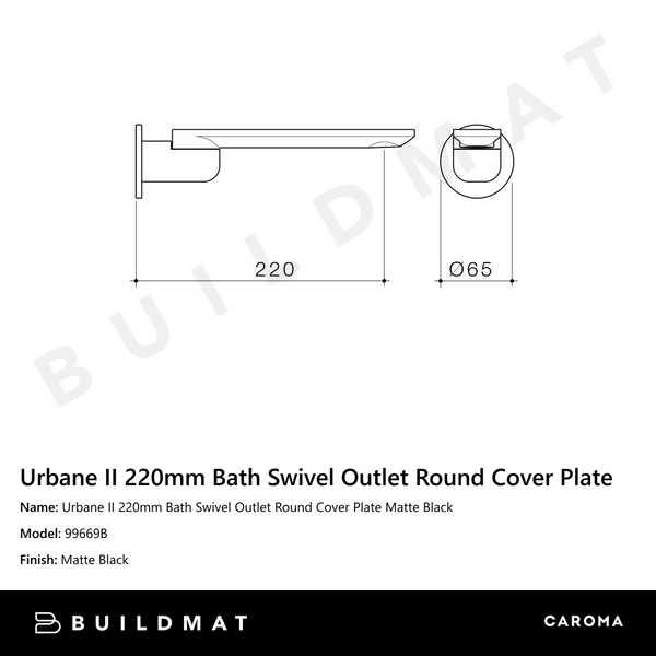 Caroma Urbane II 220mm Bath Swivel Outlet Round Cover Plate Matte Black