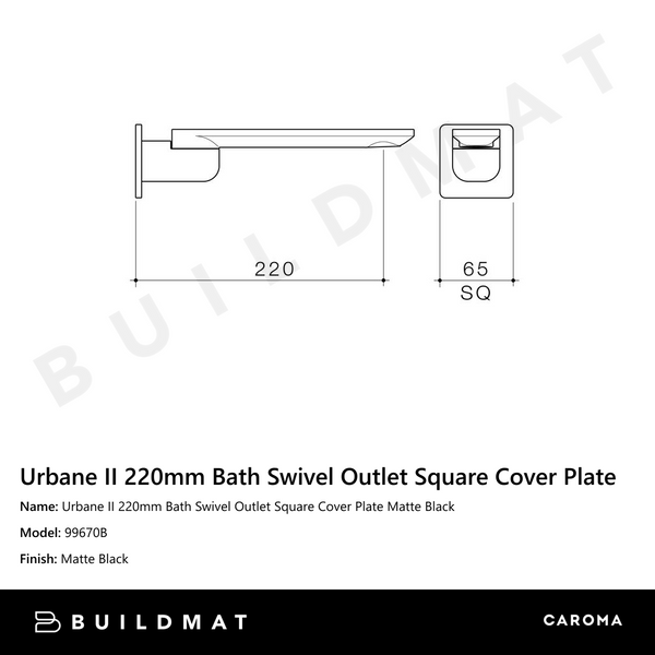 Caroma Urbane II 220mm Bath Swivel Outlet Square Cover Plate Matte Black