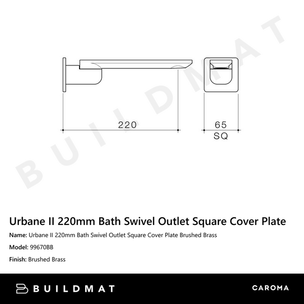Caroma Urbane II 220mm Bath Swivel Outlet Square Cover Plate Brushed Brass