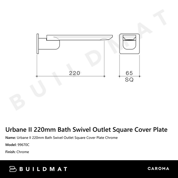 Caroma Urbane II 220mm Bath Swivel Outlet Square Cover Plate Chrome