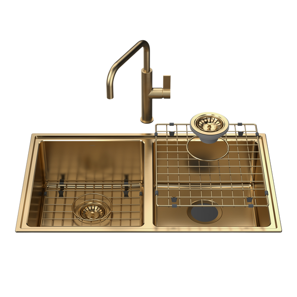 Caroma Urbane II Double Bowl Sink with Urbane II Sink Mixer Brushed Brass