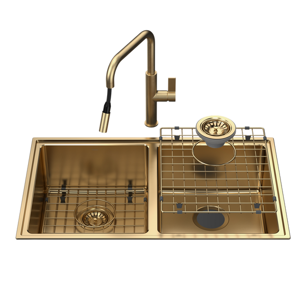 Caroma Urbane II Double Bowl Sink with Urbane II Pull Out Sink Mixer Brushed Brass