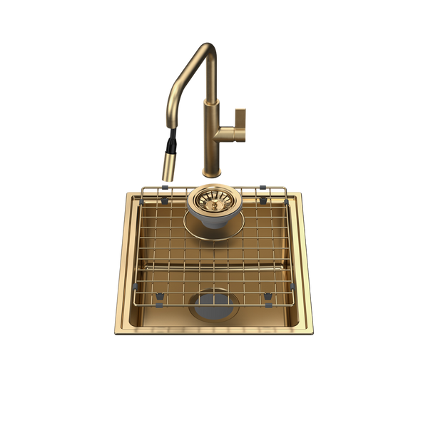 Caroma Urbane II Single Bowl Sink with Urbane II Pull Out Sink Mixer Brushed Brass