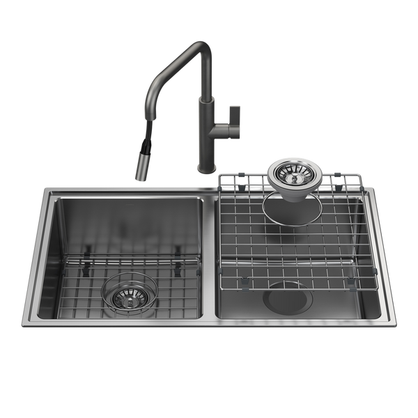 Caroma Urbane II Double Bowl Sink with Urbane II Pull Out Sink Mixer Gunmetal